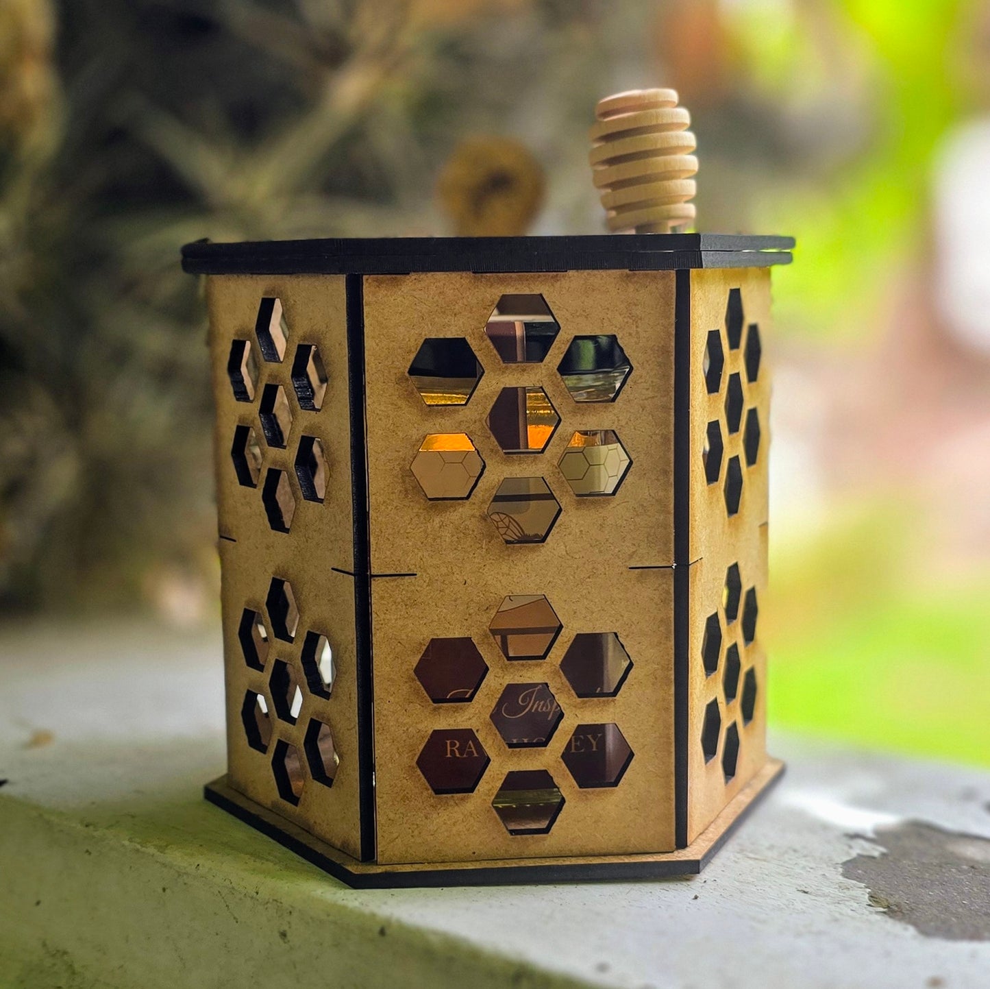 Raw honey in laser cut box